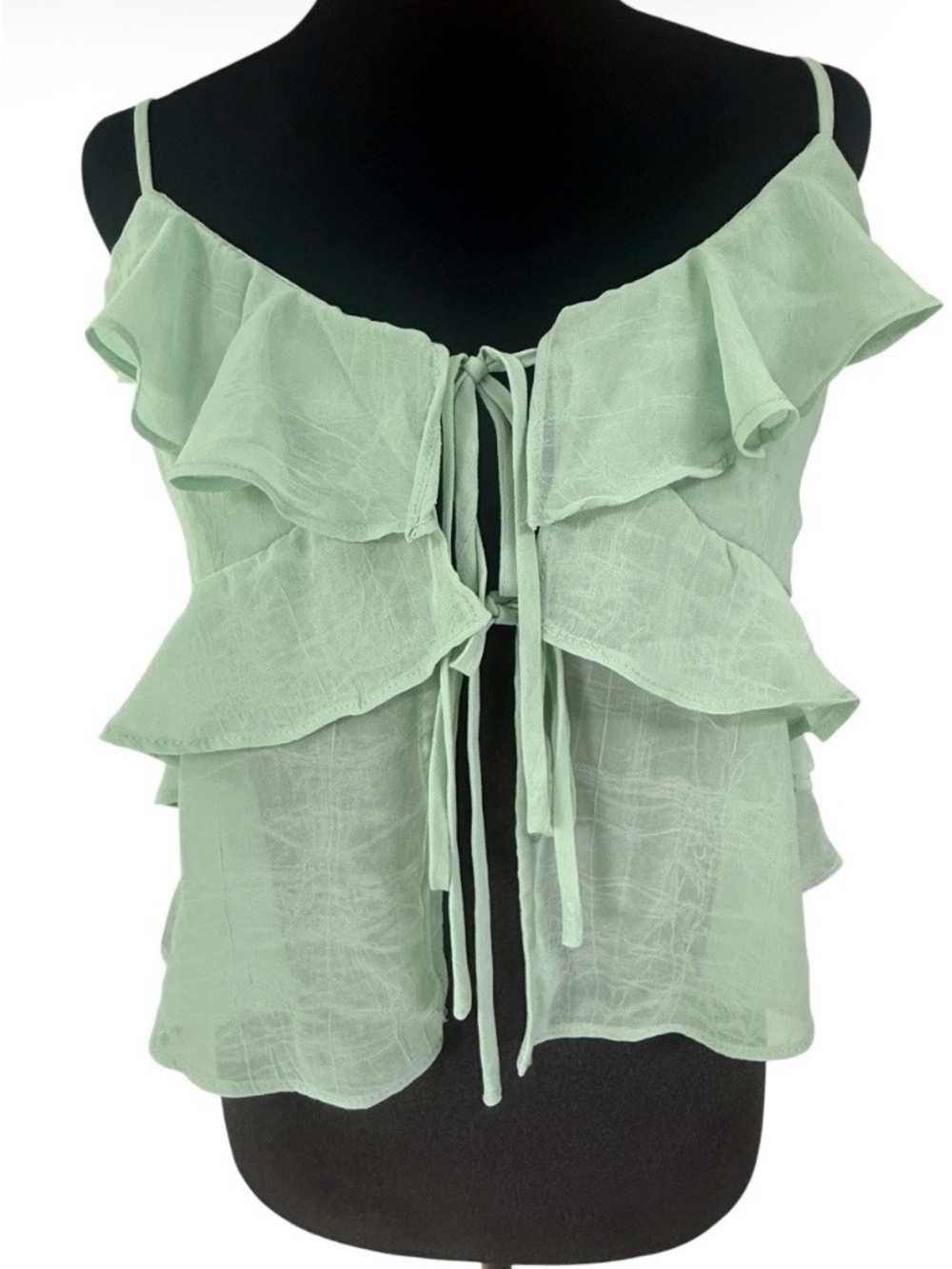Thirty/Thirty Green Solid V-Neck Ruffle Tie-Front Spaghetti Cami Tank Top M